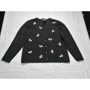 Studio Joy Black Embroidered Dog Cardigan Sweater Petite Small Vintage